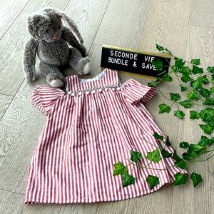 Striped cold shoulder toddler dress with pom pom detail